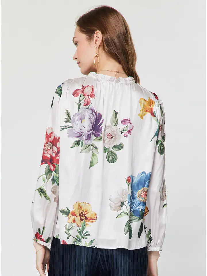Floral Printed Ruffled Neck Long Sleeve Blouse