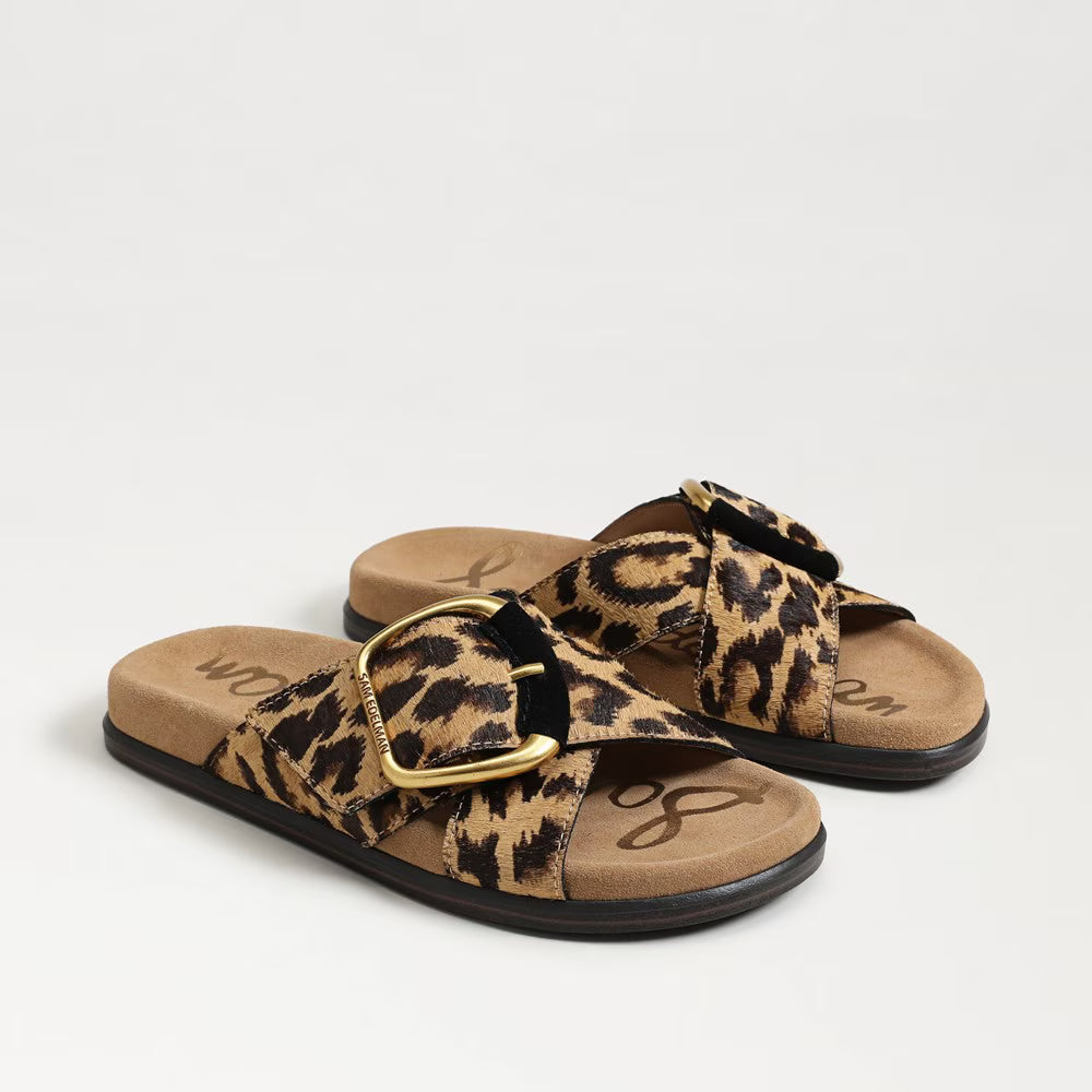 Darla Buckle Slide Sandal -   Cyprus Tan Leopard Brahma Hair