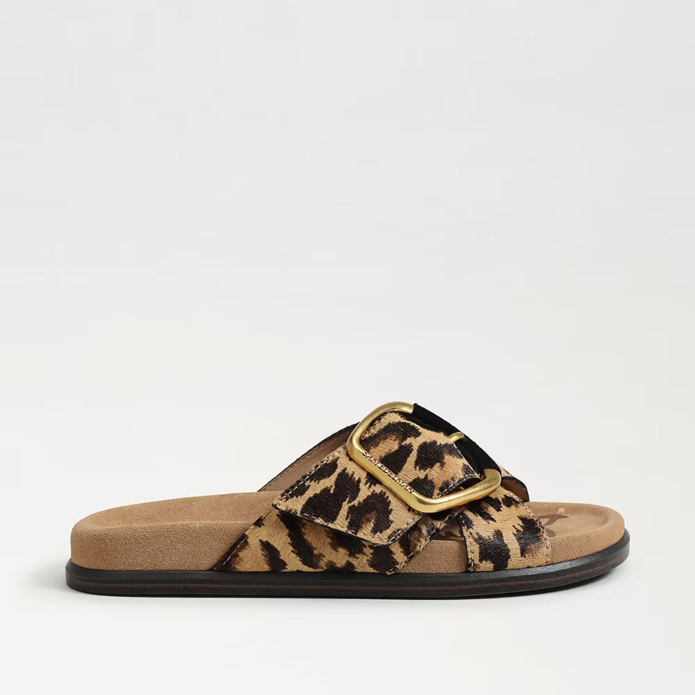 Darla Buckle Slide Sandal -   Cyprus Tan Leopard Brahma Hair