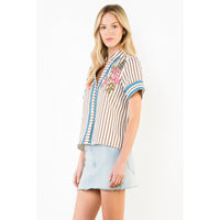 Short Sleeve Striped Floral Embroidery Top
