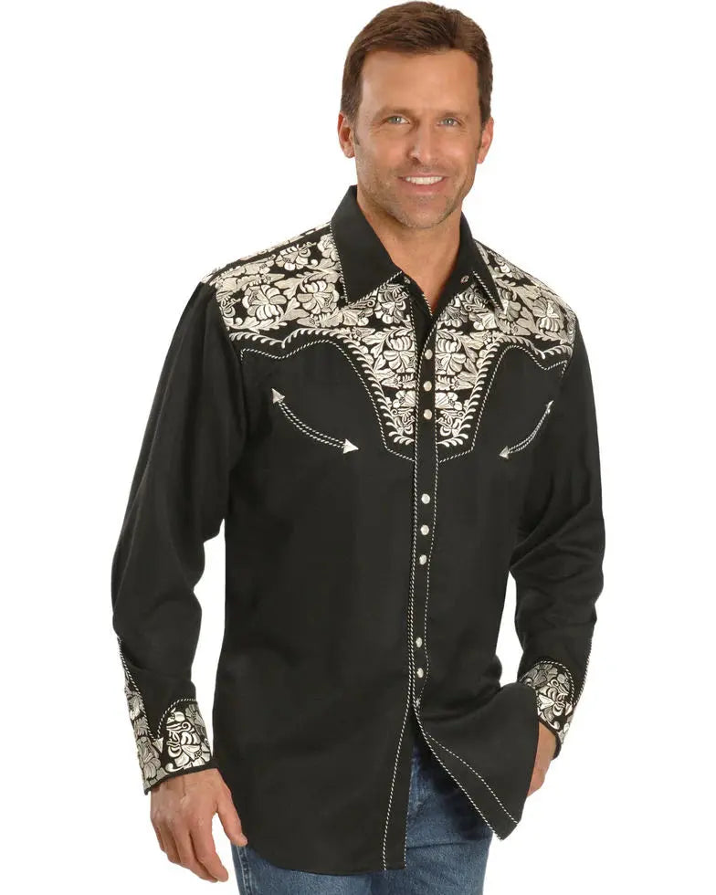Floral Embroidered Rockabilly Shirt - Silver - Lansky Bros.