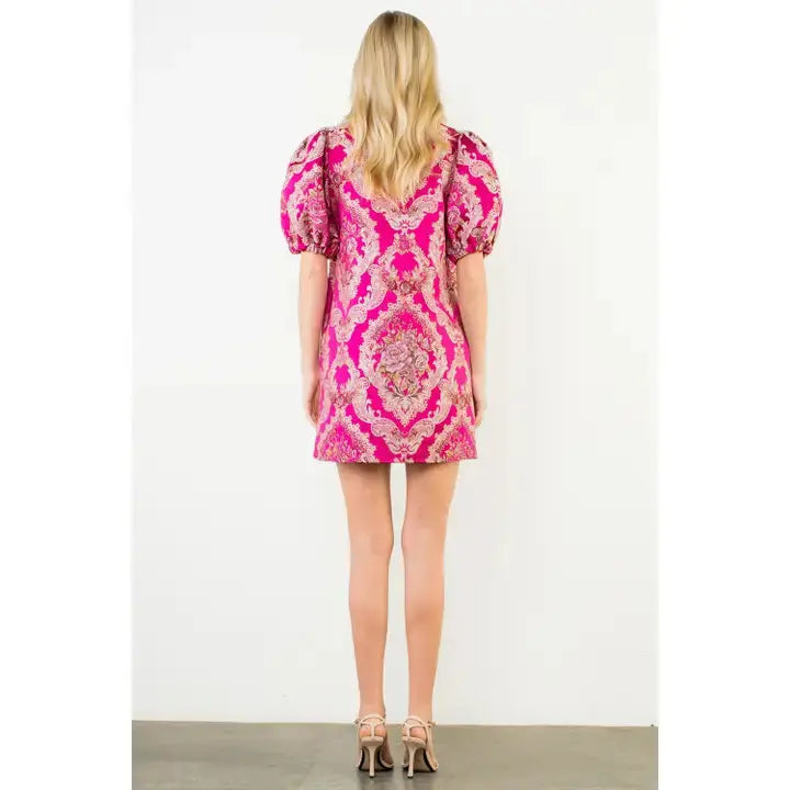 Puff Sleeve Floral Embroidery Detail Dress THML