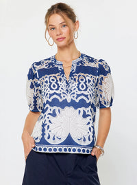 Embroidered Short Puff Sleeve Blouse