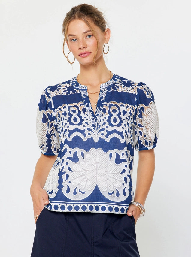 Embroidered Short Puff Sleeve Blouse