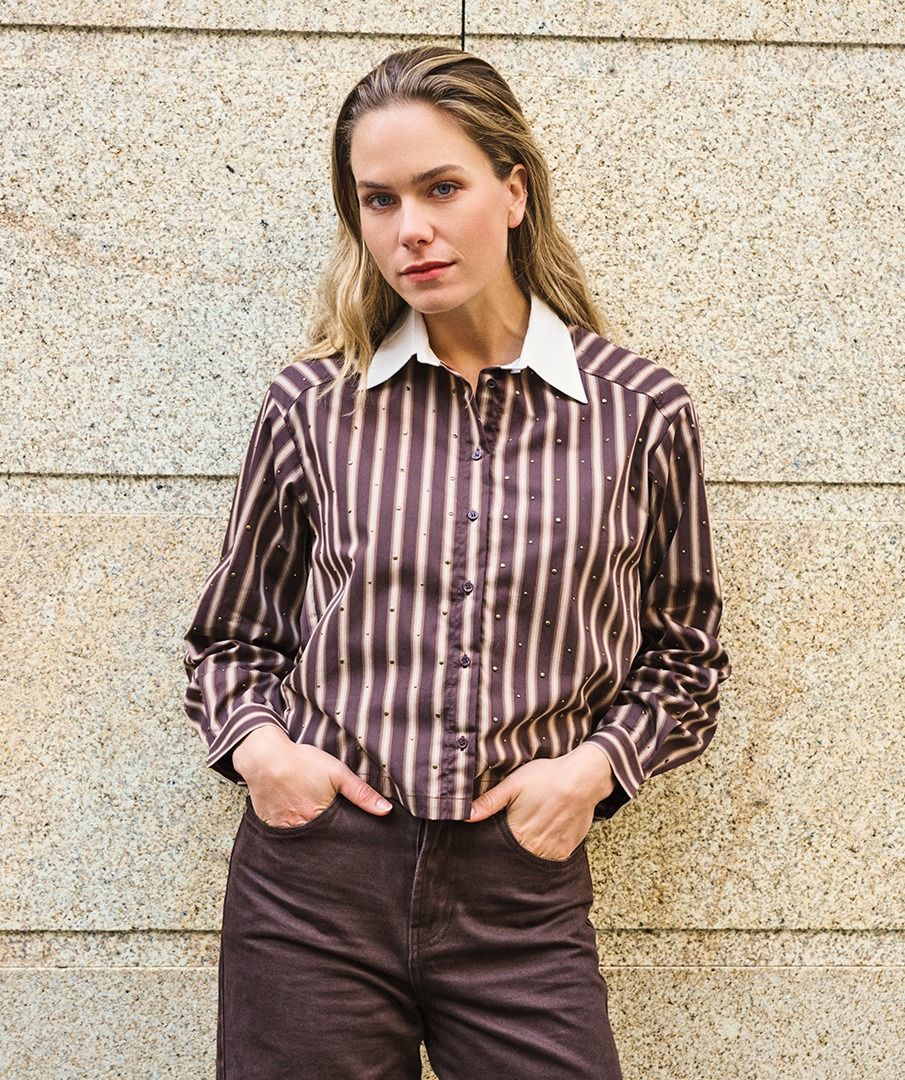 Cropped Striped Blouse w/ Studs