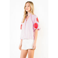 Floral Embroidery Puff Sleeve Striped V-Neck Top