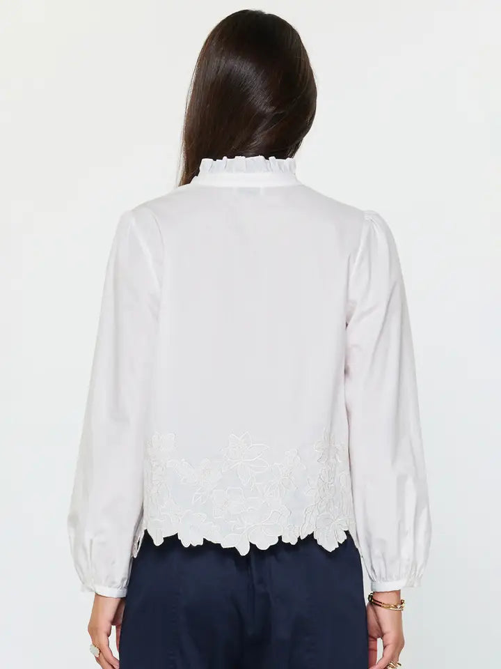 Embroidered Border Long Sleeve Blouse - White