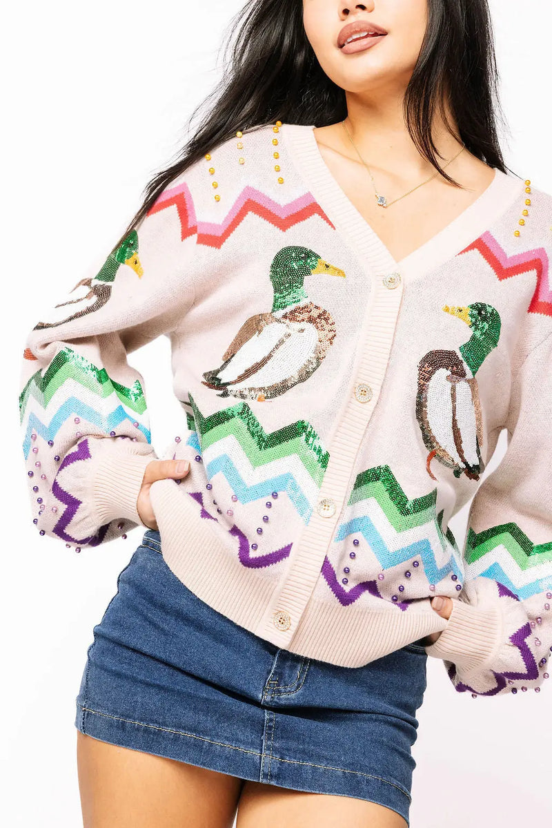 Beige Multi Zig Zag Duck Cardigan Queen of Sparkles