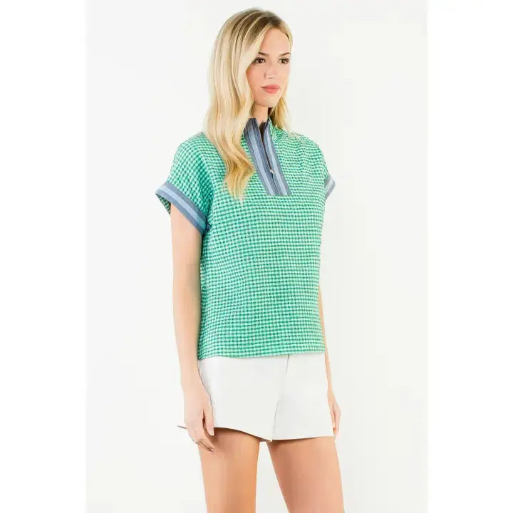 Short Sleeve Gingham Patterned Top - Green THML