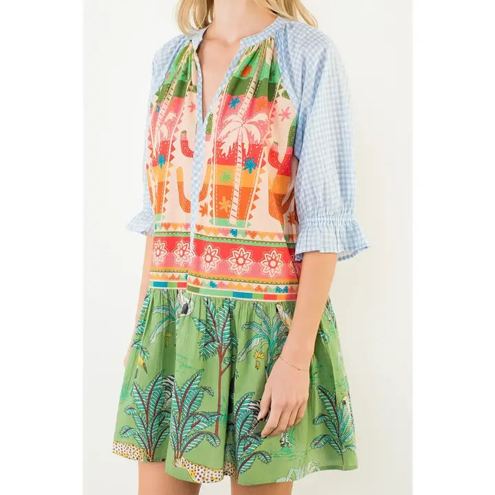 Multi-Patterned V-Neck Dress