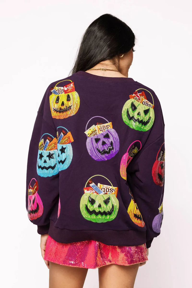 Queen of Sparkles Dark Purple Halloween Sweatshirt with festive basket design