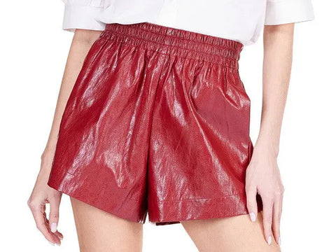 High Waisted Faux Leather Shorts - Wine JOY JOY
