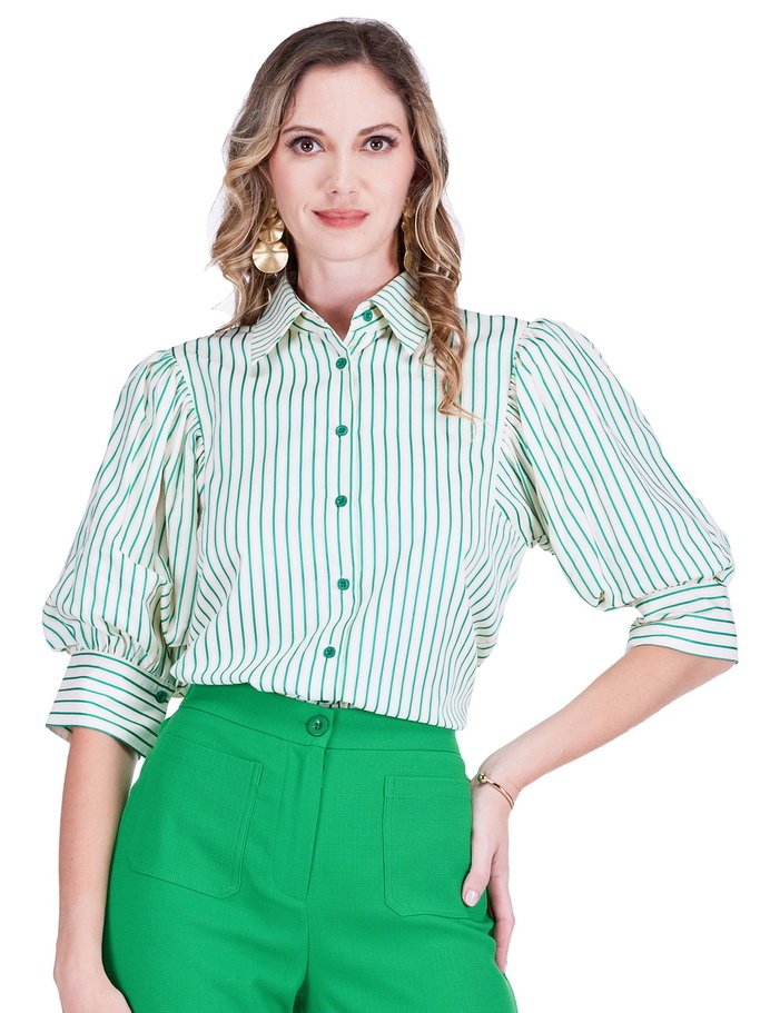 Green Stripe Puff Sleeve Shirt