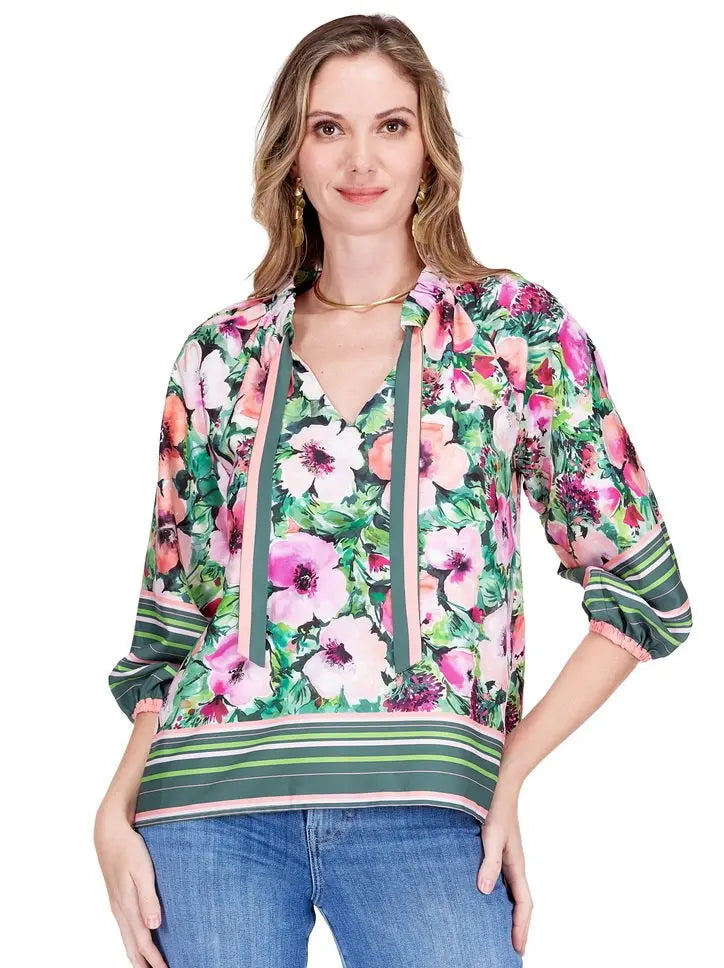 Floral Ruched Neck Top Jade Melody Tam