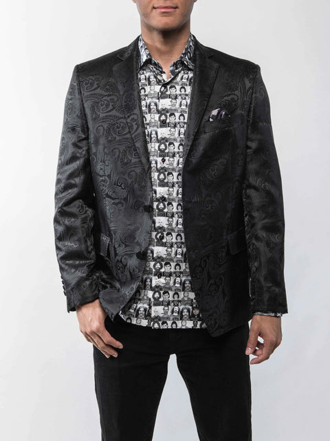 Close-up of the Lansky Bros. Limited Edition Wedding Jacket, showcasing the black paisley fabric and Clothier to the King label.