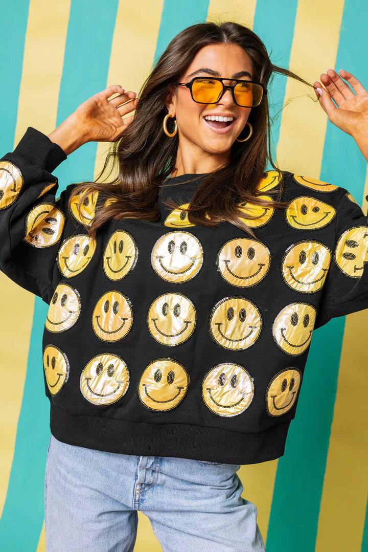 QOS BLACK & YELLOW SCATTERED SMILEY FACE SWEATSHIRT