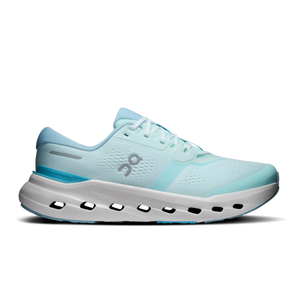 A light blue and white running shoe with a distinctive cloud-like sole, shown in a side profile on a white background.