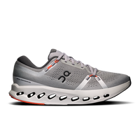 A gray Under Armour running shoe with a white midsole and small red and black accents, shown from a side profile on a white background.