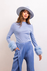 Samara Removable Fur Cuff Wool Sweater-Baby blue