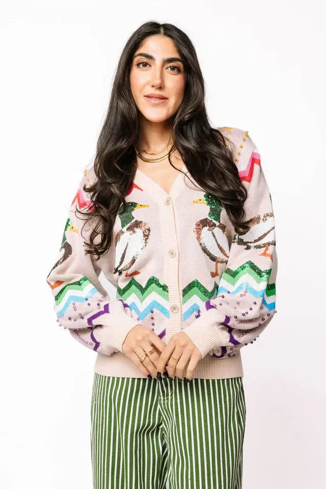Beige Multi Zig Zag Duck Cardigan Queen of Sparkles