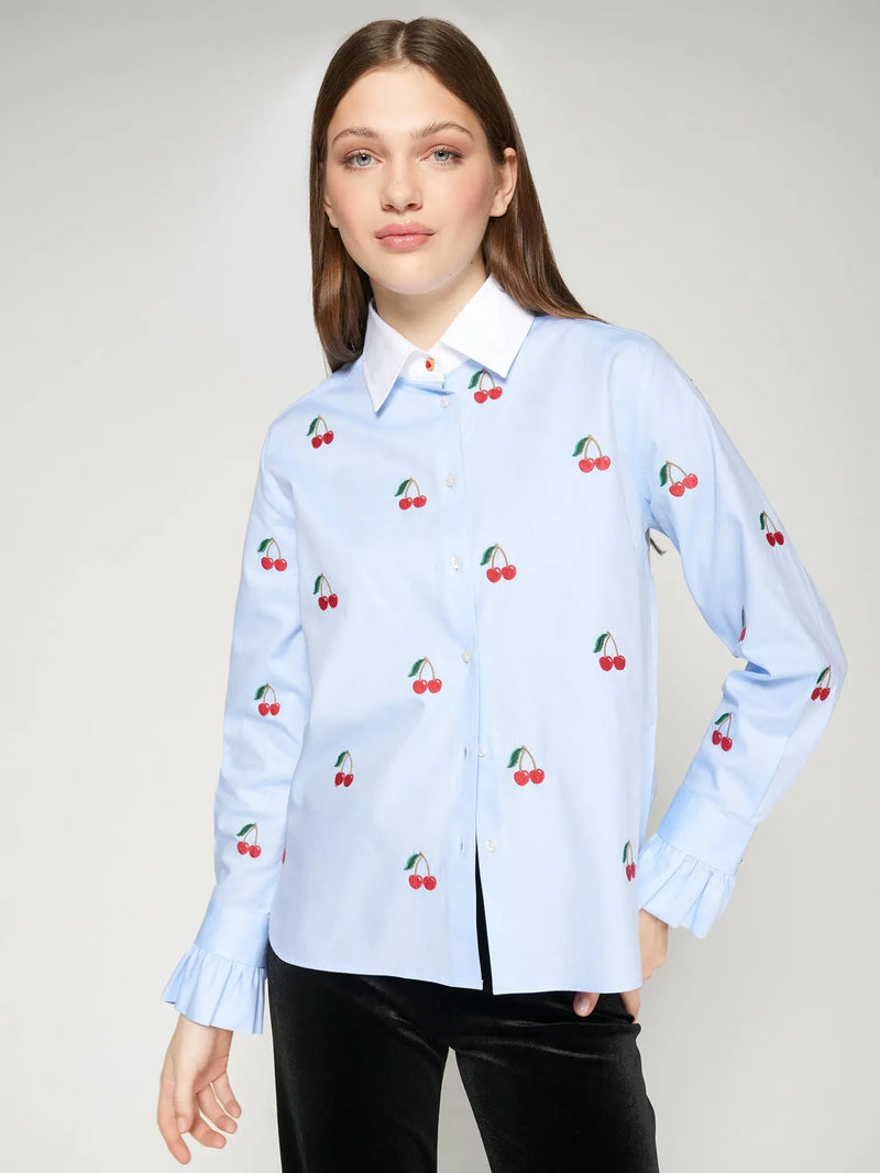 Sky Blue Shirt with Cherry Embroidery Vilagallo