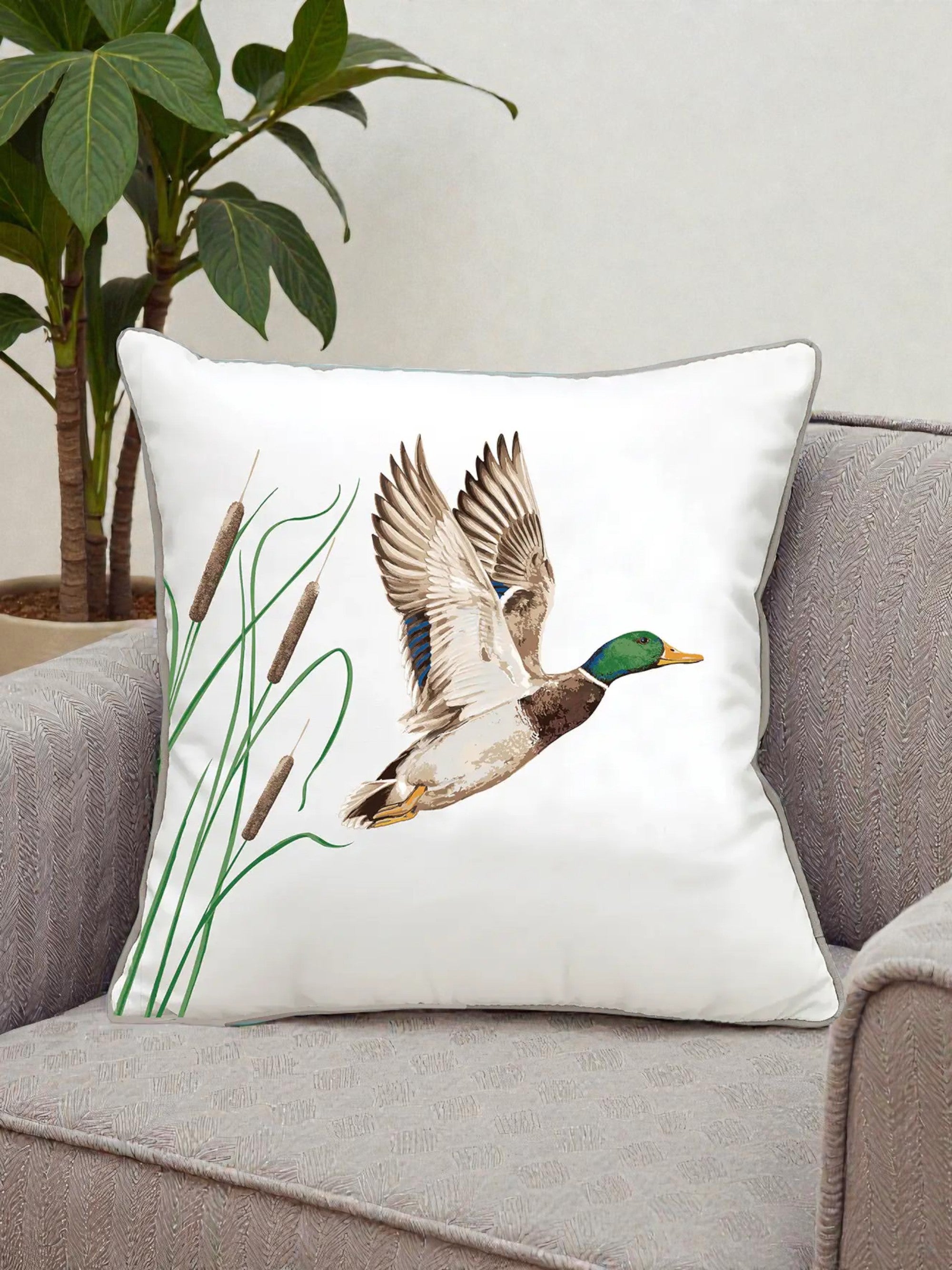 In Flight Mallard & Cattails Indoor/Outdoor Throw Pillow