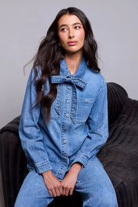 BLUE THREAD Self-Tie Bow Button Front Denim Blouse