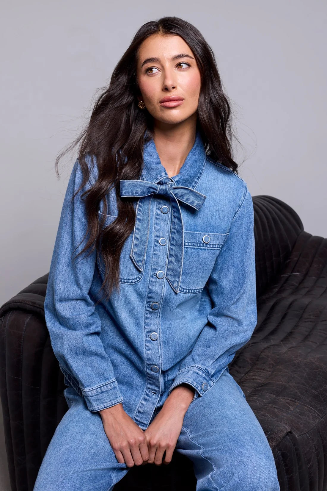 BLUE THREAD Self-Tie Bow Button Front Denim Blouse