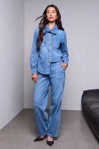 BLUE THREAD Self-Tie Bow Button Front Denim Blouse