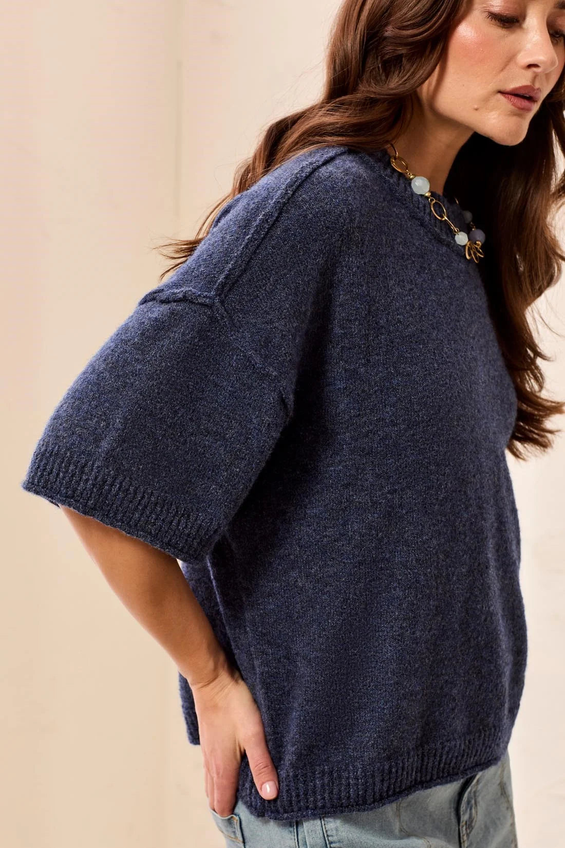 Drop Shoulder Crew NecK Sleeve Sweater - Nightfall