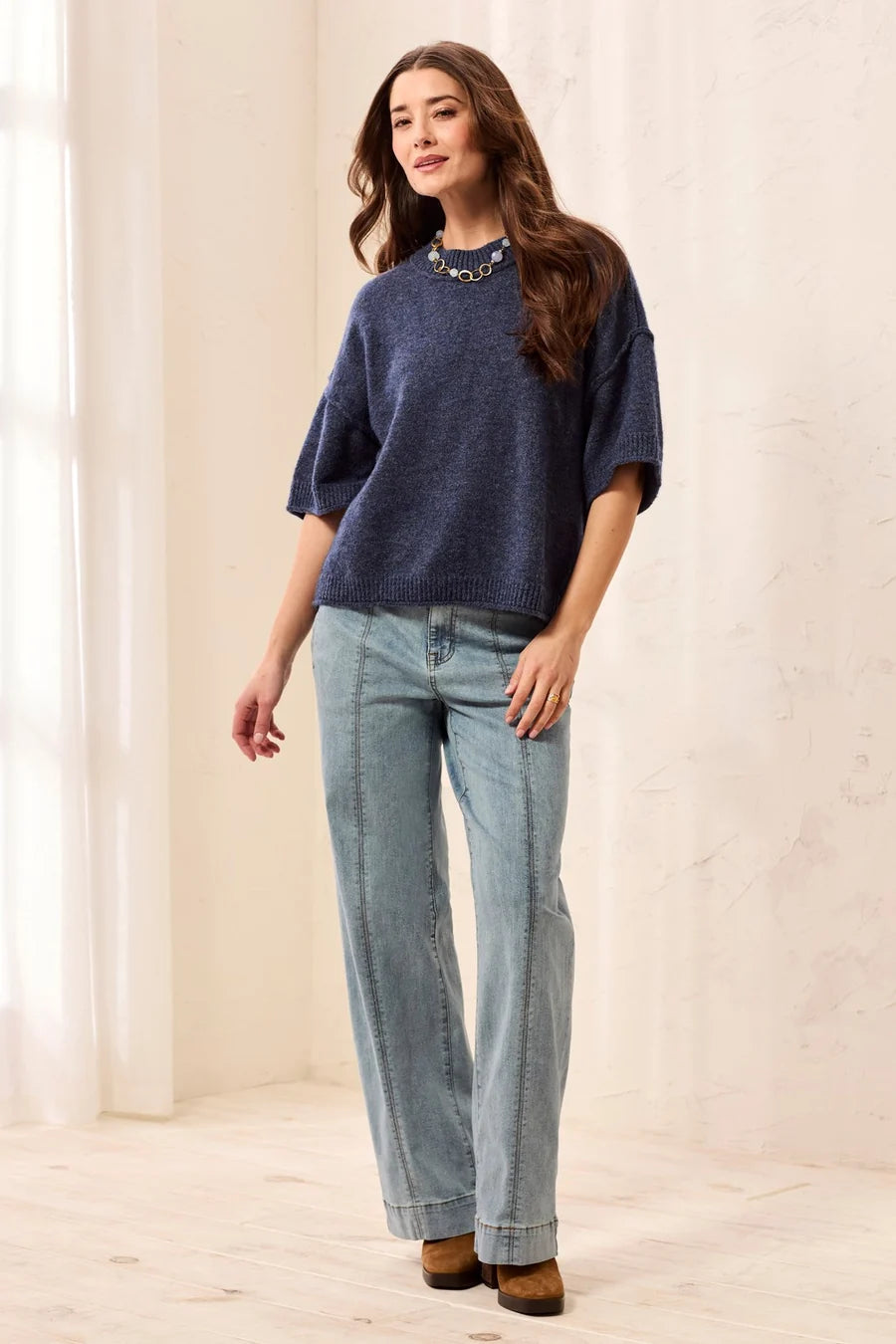 Drop Shoulder Crew NecK Sleeve Sweater - Nightfall