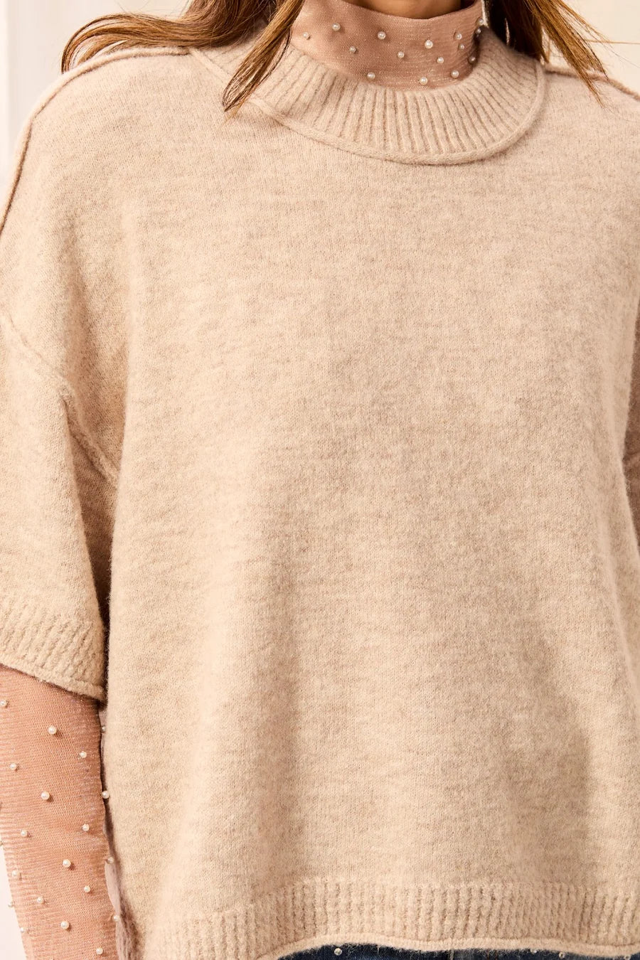 Drop Shoulder Crew NecK Sleeve Sweater - Pashmina
