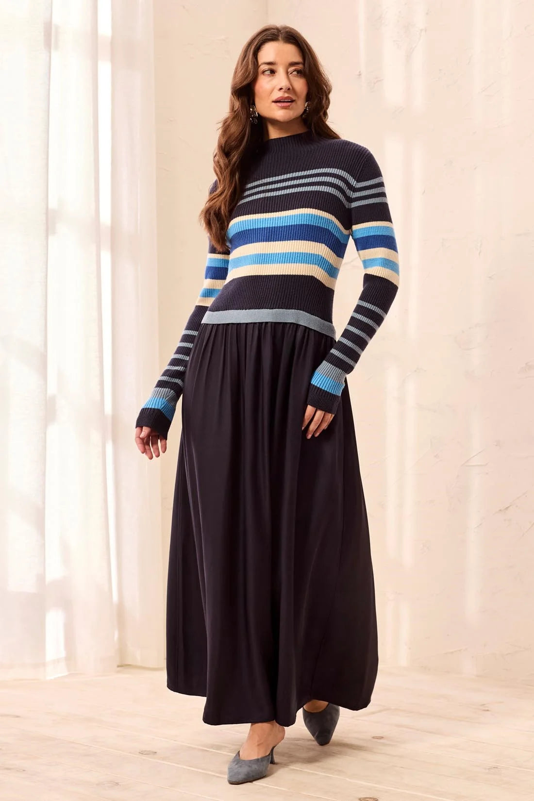 Mixed Media Ribbed Knit Maxi Dress