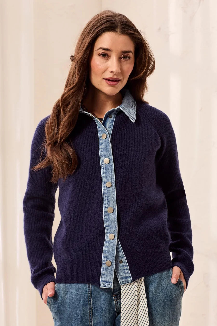 Mixed Media Sweater Jacket With Denim Trim Detail