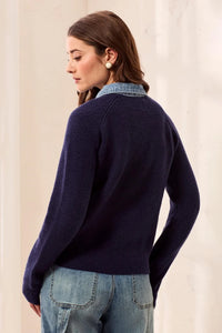 Mixed Media Sweater Jacket With Denim Trim Detail