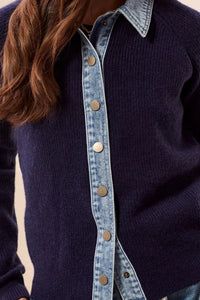 Mixed Media Sweater Jacket With Denim Trim Detail