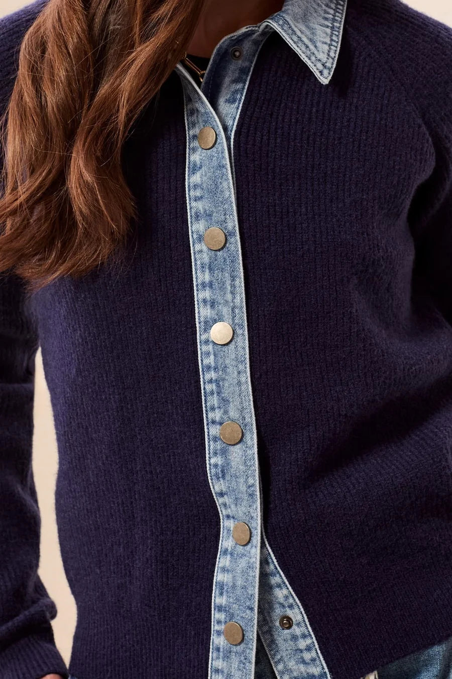 Mixed Media Sweater Jacket With Denim Trim Detail