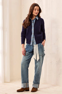 Mixed Media Sweater Jacket With Denim Trim Detail