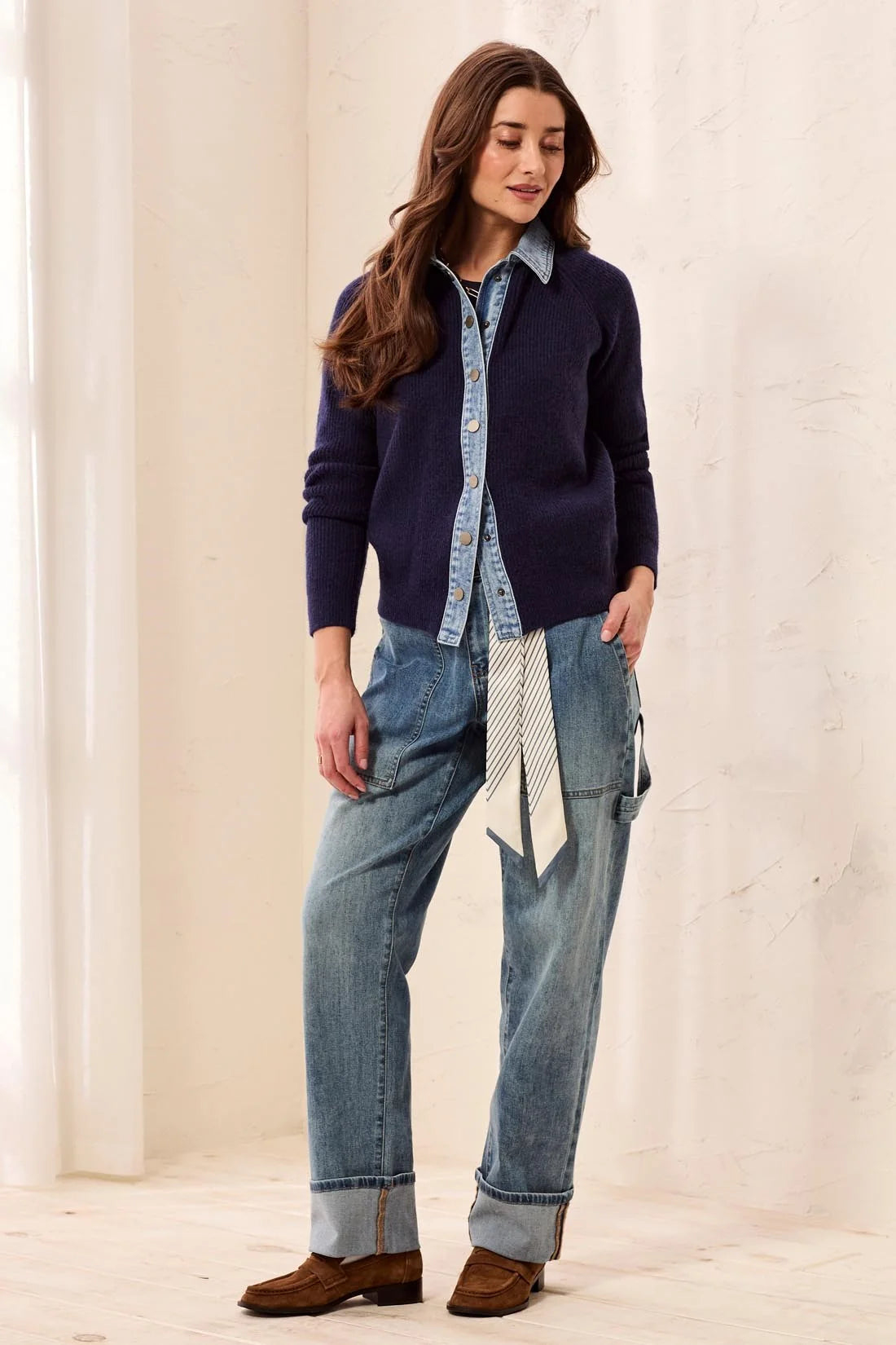 Mixed Media Sweater Jacket With Denim Trim Detail