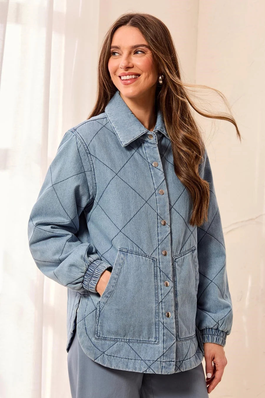 Quilted Snap Front Soft Denim Jacket