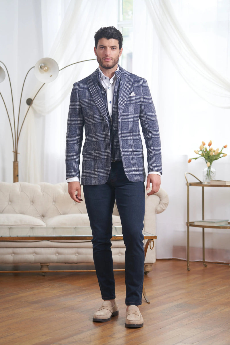 Rocco Sport Coat – Navy & White Plaid Stretch Knit with Bib Detail 7 Downie St.
