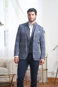 Rocco Sport Coat – Navy & White Plaid Stretch Knit with Bib Detail 7 Downie St.