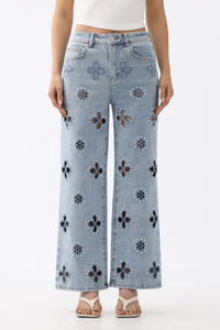 Embroidery w/ Pearls High Rise Jeans