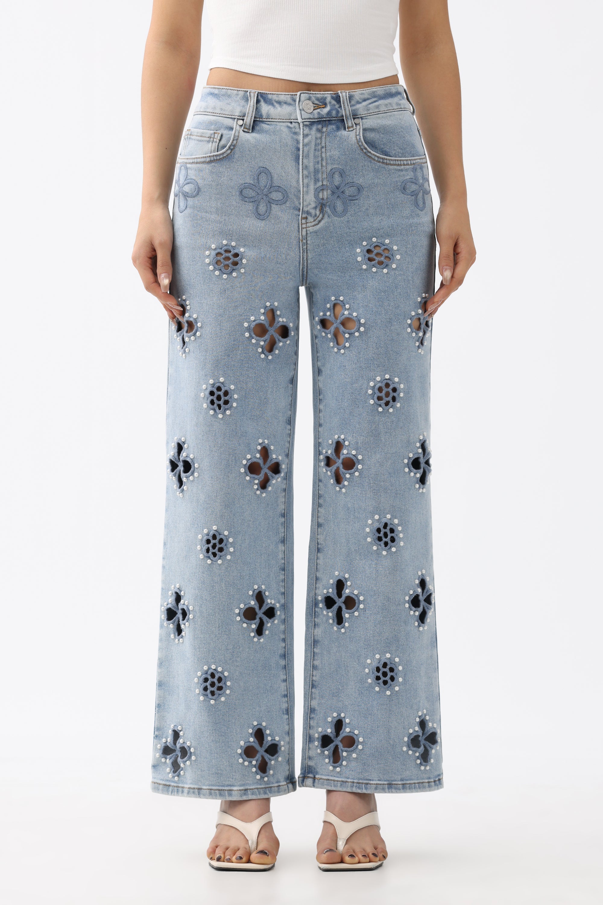 Embroidery w/ Pearls High Rise Jeans