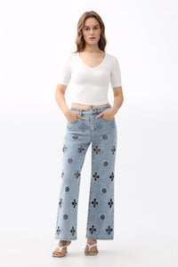 Embroidery w/ Pearls High Rise Jeans
