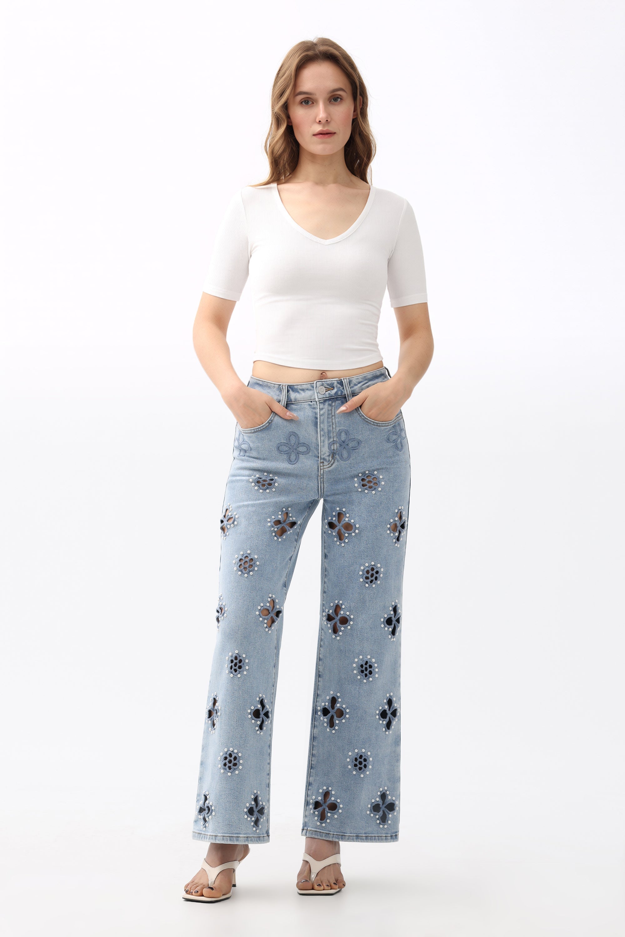 Embroidery w/ Pearls High Rise Jeans