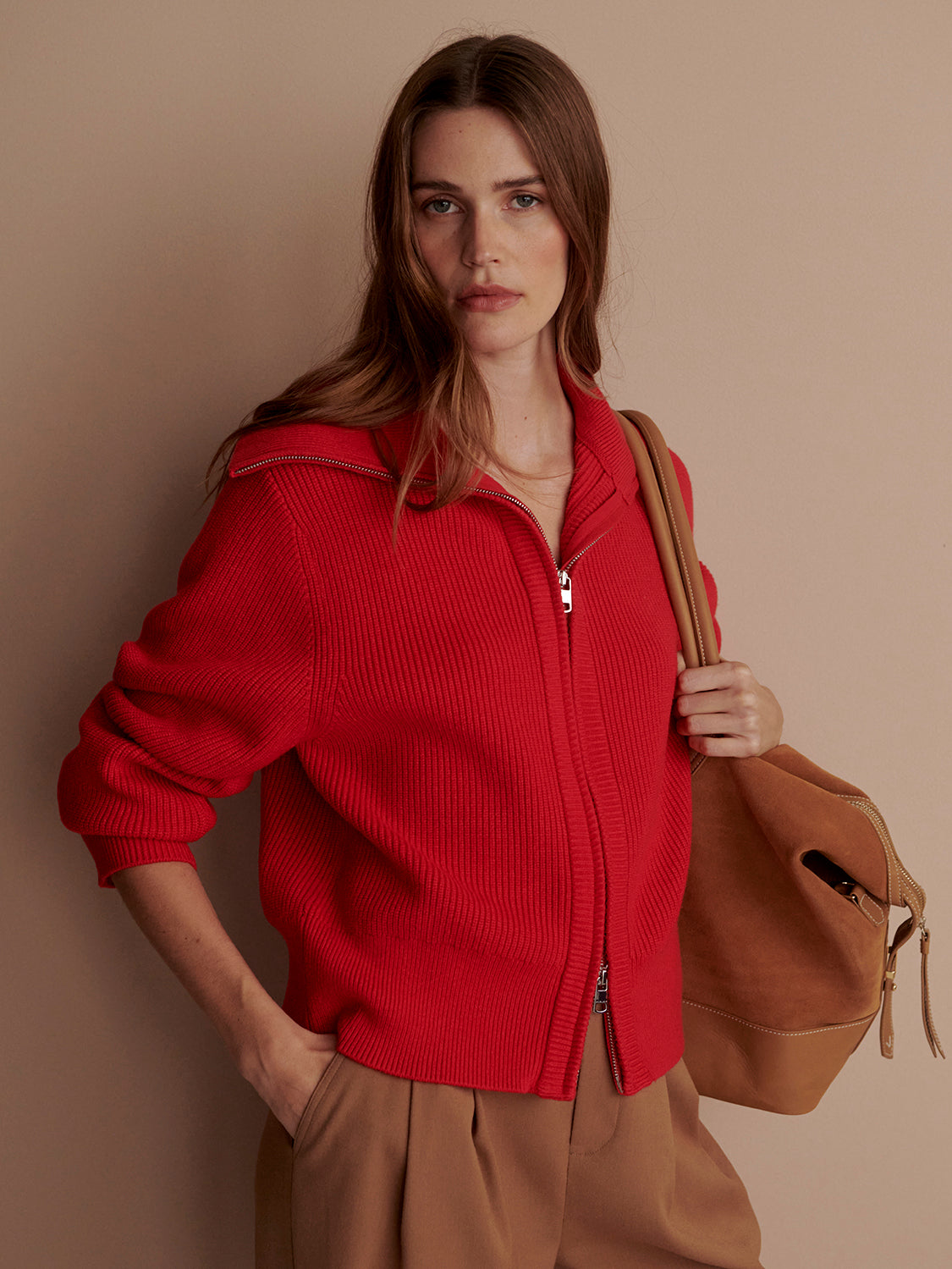 Enrico Zip Through Knit Jacket - Washed Red