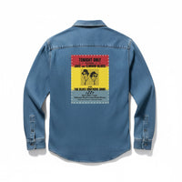 A blue denim long-sleeve button-up shirt shown from the back, featuring a large vintage-style blues poster graphic printed on the upper back.