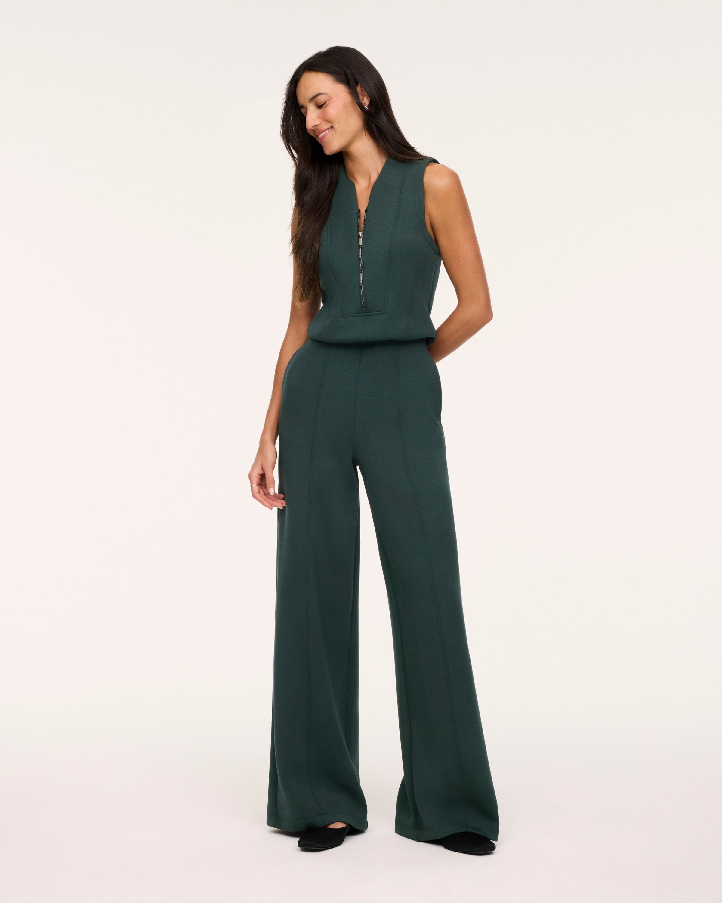 Shawl Collar Half Zip Jumpsuit - Night Forest