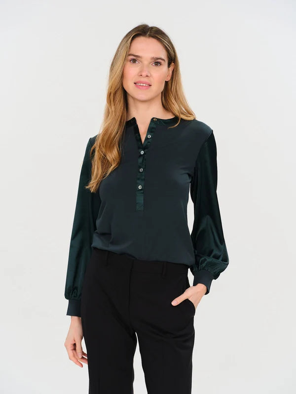 Ribbed Satin Sleeve Top - Emerald